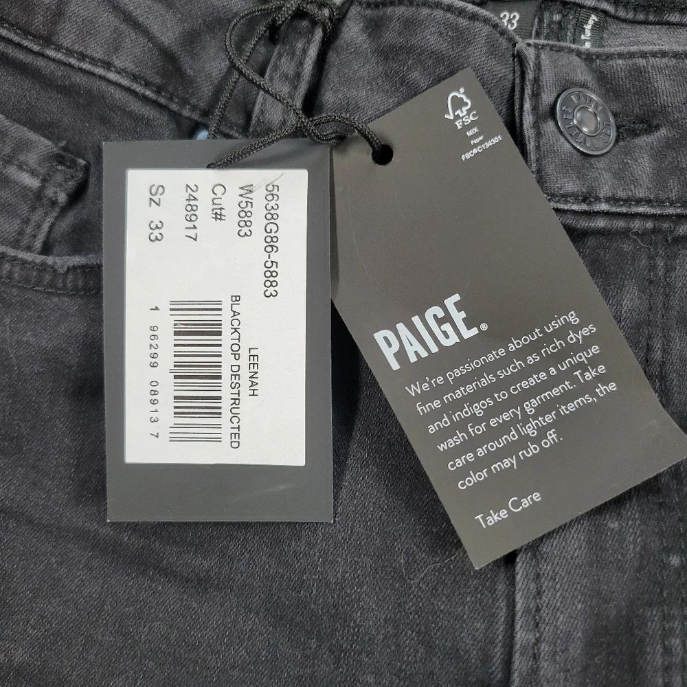 Paige Jeans Womens 33 Black Denim Leenah High Rise Slim Fit Wide Leg Destructed‎